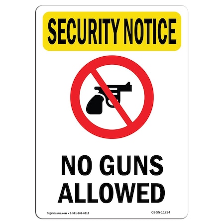 Signmission OSHA Security Sign, 18" H, 12" W, Rigid Plastic, No Guns Allowed, Portrait, SN-P-1218-V-11734 OS-SN-P-1218-V-11734